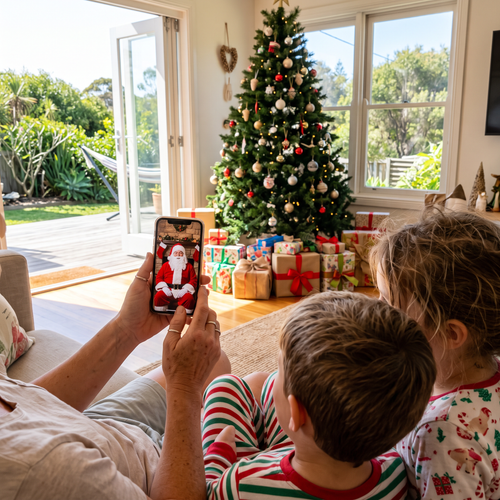 Family watching Santa's Christmas Day video on a phone on Christmas morning