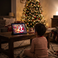 Child watching a personalised Santa video on a tablet by the Christmas tree