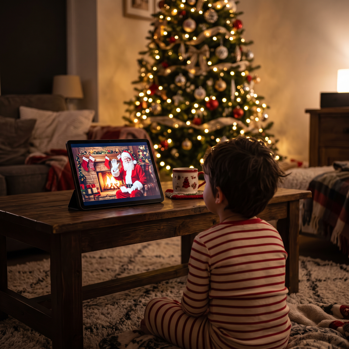 Child watching a personalised Santa video on a tablet by the Christmas tree