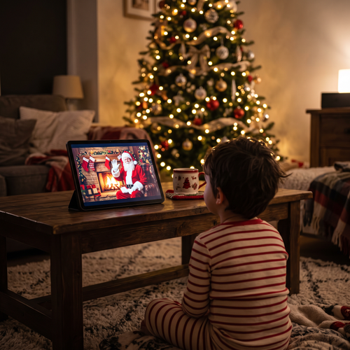 Child watching a personalised Santa video on a tablet by the Christmas tree