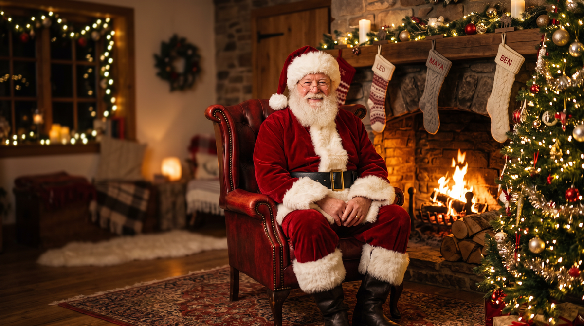 Santa sitting by the fireplace