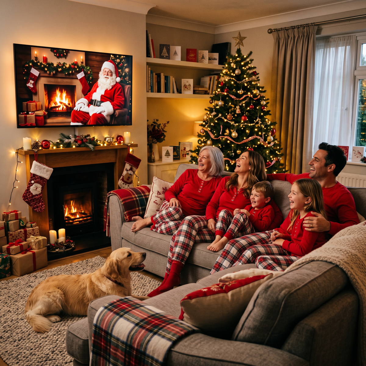 The whole family laughing together while watching their Santa video on the TV